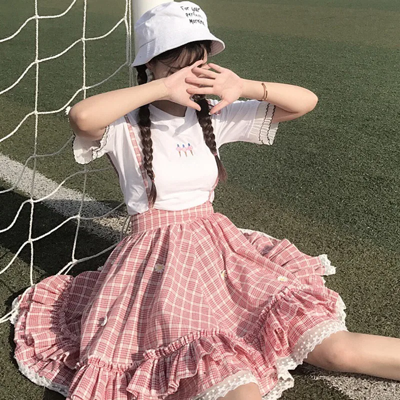 Kawaii Лолита юбка японский стиль 90 подростков мягкая Сестра Дейзи аппликации кружева лоскутное рюшами Сарафан в клетку юбки