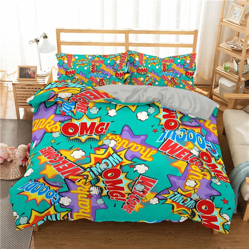 

oentyo 3d Cartoon Printed Duvet Cover Pillowcase English Letter Pattern Quilt Cover 2/3pc Bedroom Bedding Set For Adults Kids