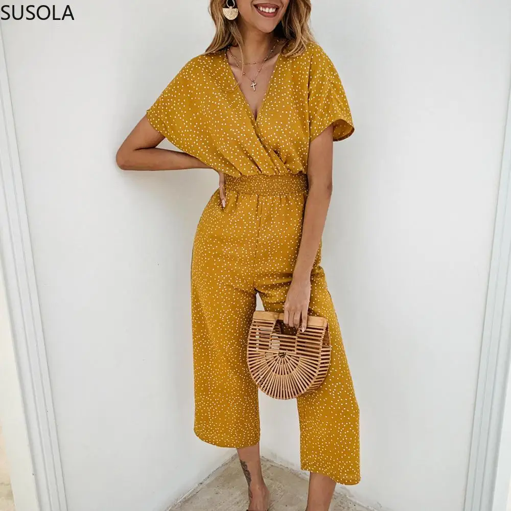 

3XL Summer Chiffon Dot Print Women Jumpsuits 2020 Casual Print V-neck Pocket Overalls Jumpsuit Short Sleeve Wide Loose Rompers