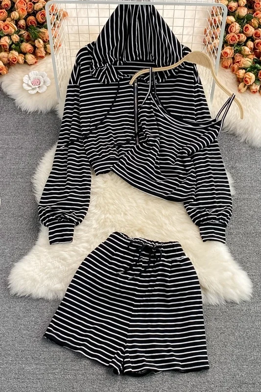 

Striped Hooded Zipper Women's Long Sleeve Jacket Three Piece Suit Spaghetti Strap Vest And Wide Leg Shorts Girl