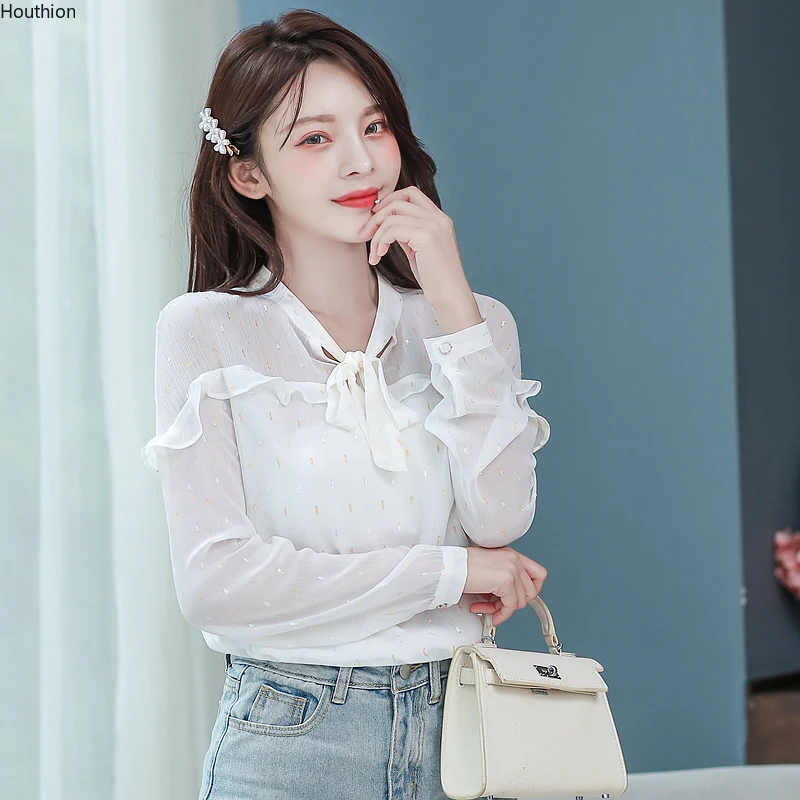 

Houthion Chiffon Women's Blouses V-Neck Loose Summer Fashion Blusas Regular Full Bow Solid Shirt Casual Long Sleeve Top