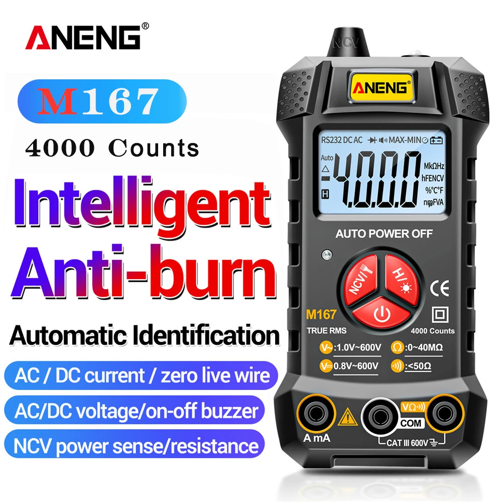 

ANENG M167 Digital Mini Multimeter Tester Auto Multimetro True Rms Tranistor Meter with NCV Data Hold 4000counts Flashlight