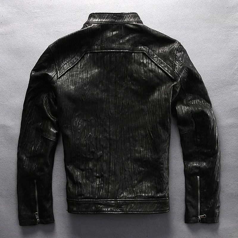 

Jacket Men's Vintage Black Sheepskin 100% Genuine Leather Wrinkle Motorcycle Biker Jackets for Male Brand Classic Luxury Coats
