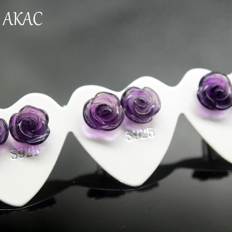 Женские серьги гвоздики с натуральным аметистом и розами простой дизайн 2