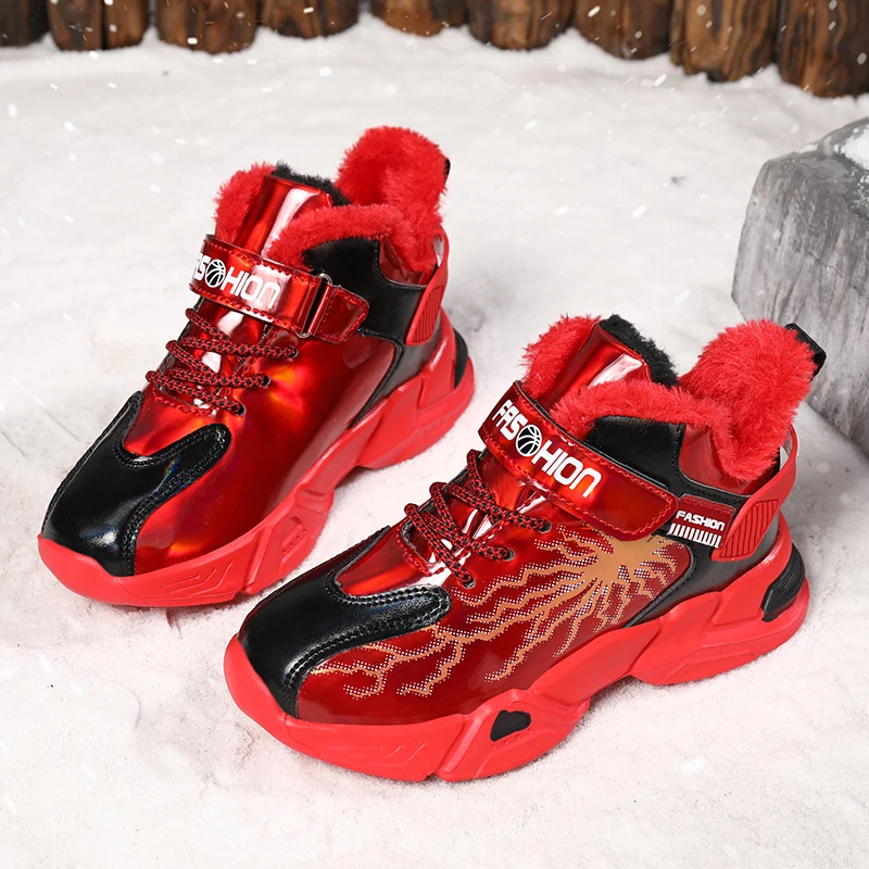 

Winter Warm Plush Shoes Kids Fashion PU Leather Sneakers Big Size For Children School Shoes Winter Anti-slip Walking Footwear