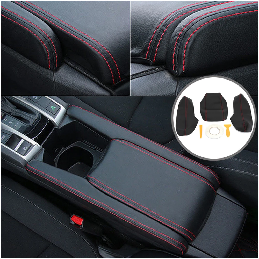 

Black+Red Line Armrest For Honda Civic 2016 2017 2018 Center Universal 3Pcs