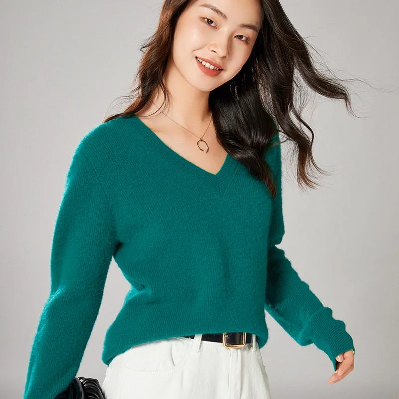 

Women Sweaters 100% Wool Knitted Jumpers Hot Sale Vneck Long Sleeve Soft Warm Pullovers Pure Merino Woolen Tops