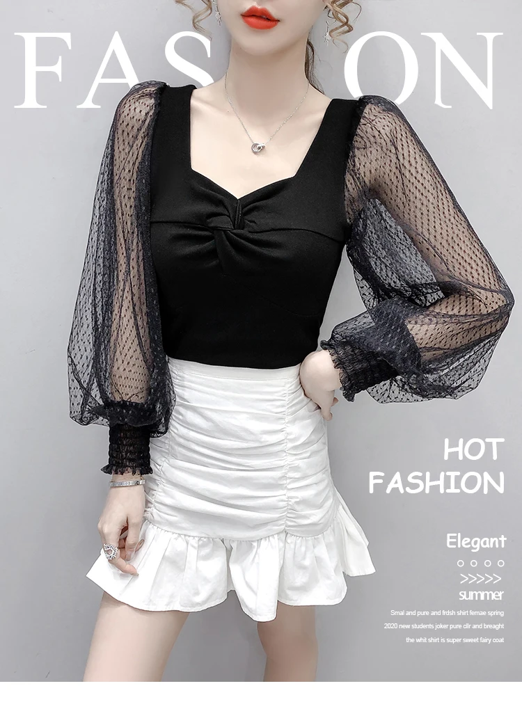 

Sweet Lace Bottoming Shirts for Women 2021 Spring Loose Square Collar Polka Dot Mesh Patchwork Women's Blouses with Long Sleeves