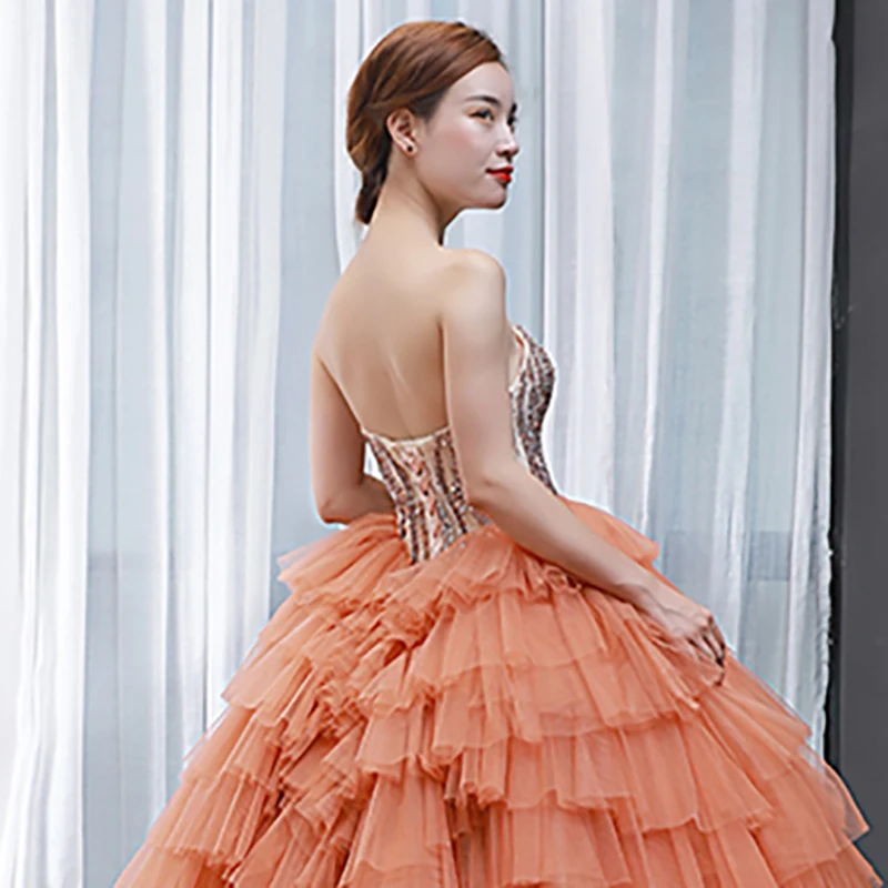 J66934 Jancember Orange Formal Dresses Evening Cake 2021 Strapless Sleeveless Lace Up Back Ball Gown