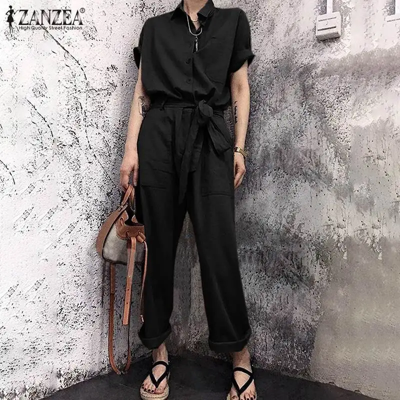 

ZANZEA Women's Autumn Overalls Casual Short Sleeve Rompers Female 2021 Vintage Solid Jumpsuits Clothing Button Laple Playsuits