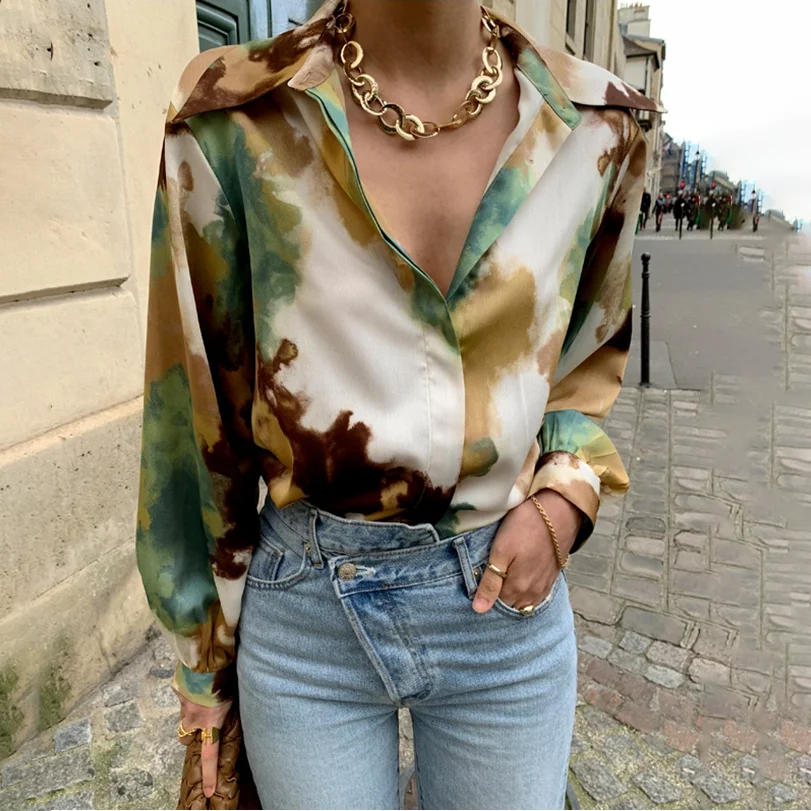 

French Fashion Long Sleeve Chiffon Blouse Women Turn Down Collar Button Up Shirt Ink Tie Dye Print Neutral Color Clothes Ladies