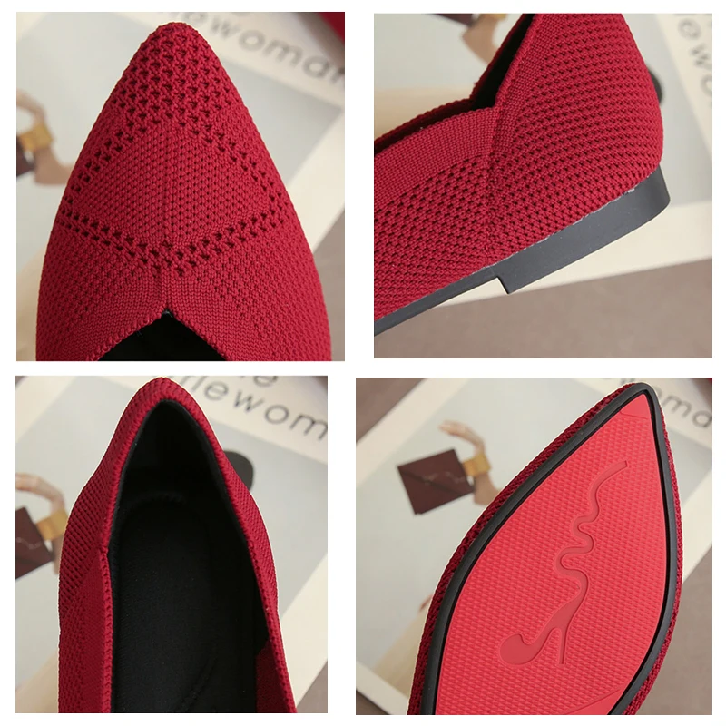 Casual Women's Flat Shoes Ballet Shoes Breathable Knit Pointed Shoes Moccasin Mixed Color Soft Pregnant Shoes Zapatos De Mujer