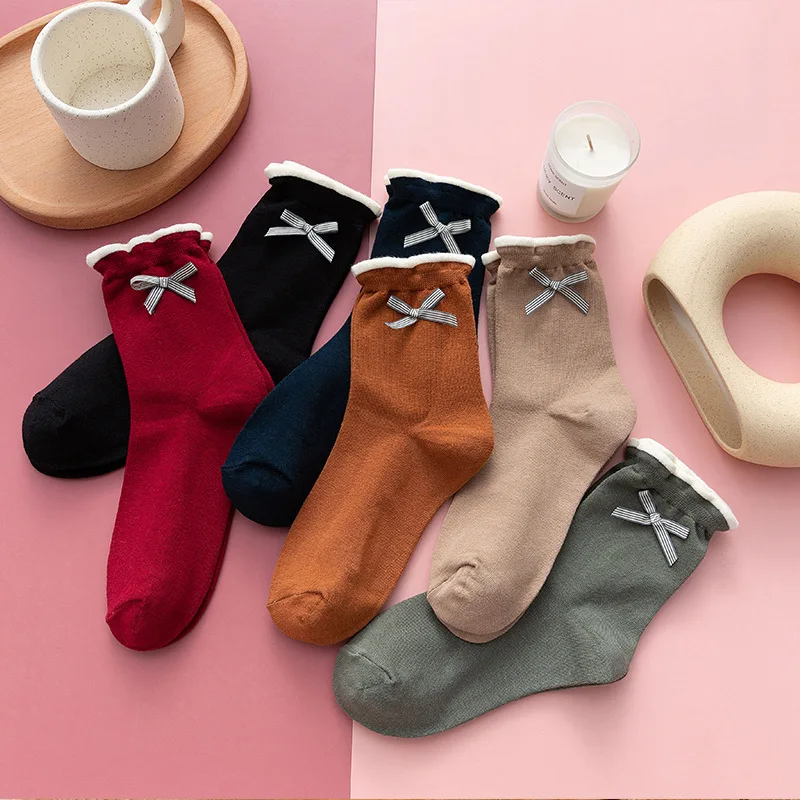 

Bowknot Socks Girls Ins Tide Lace Middle Tube Socks Japanese Cute Spring and Autumn Winter Stockings Cotton Pile Socks for Women