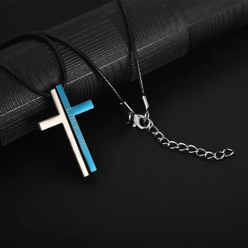 Jiayiqi Unique Cross Couple Necklace Love YOU Pendant Necklace Stainless Steel Men Women Trendy Jewelry Valentine Day Party Gift