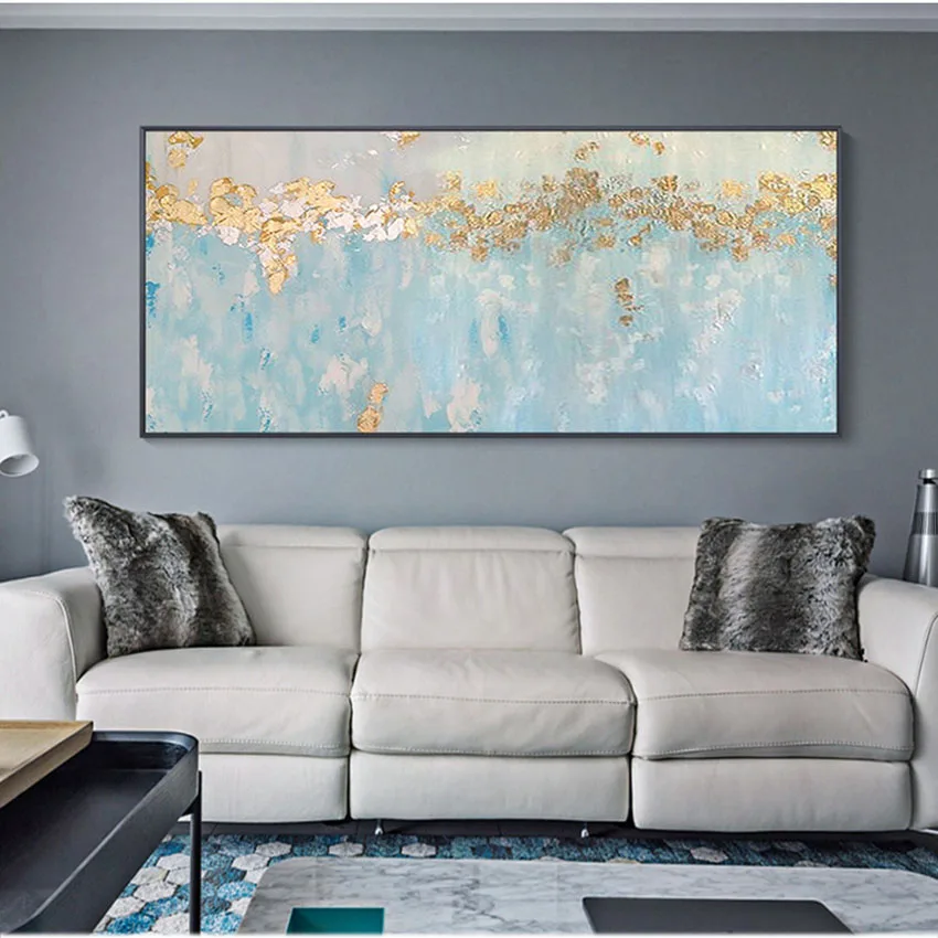 Красивое искусство Золотой и синий абстрактный пейзаж Ручная работа картина