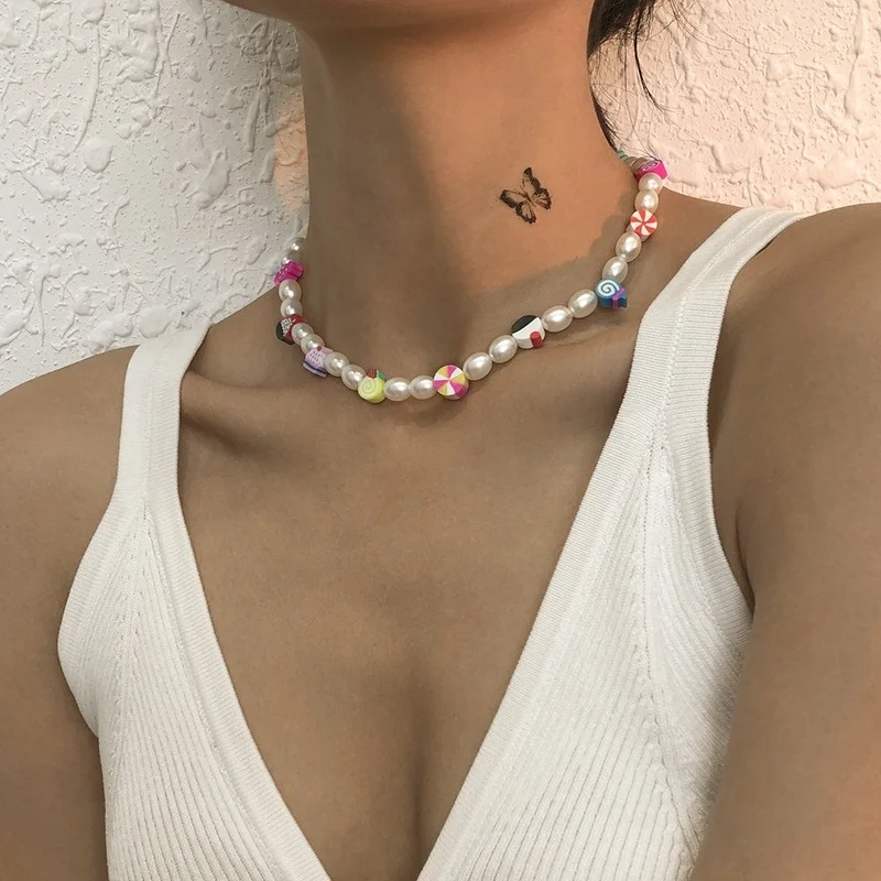 

2021 Bohemian Choker Necklace Imitation Pearl Resin Geometric Strand Necklace Women Wholesale Jewelry Collares Para Mujer