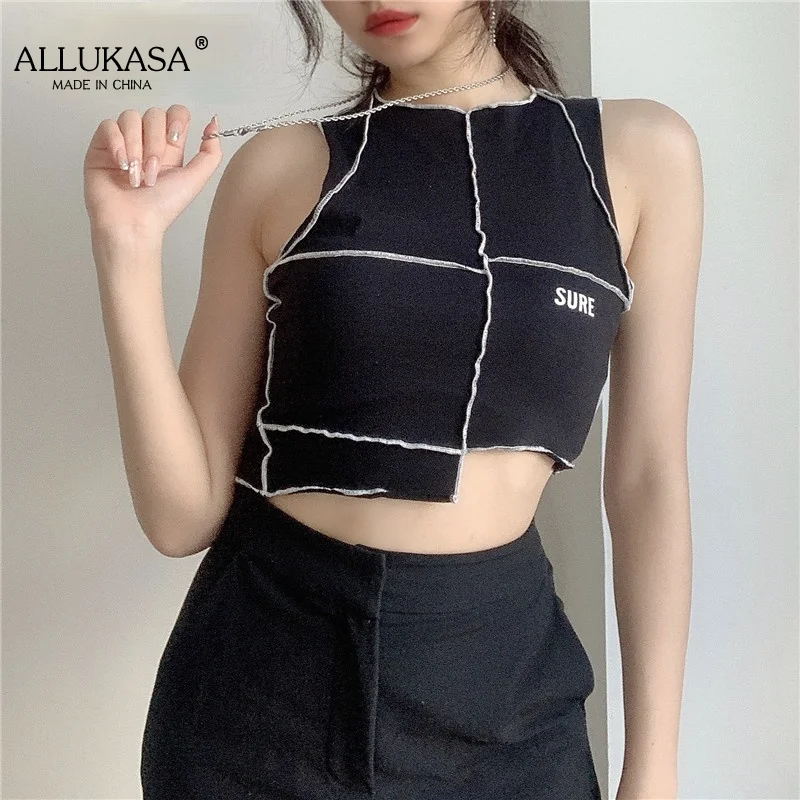ALLUKASA y2k Girls Reverse Thread Irregular Women's Crop Top Summer Black Letter Print Gothic Caual Streetwear Tank Tops 2020