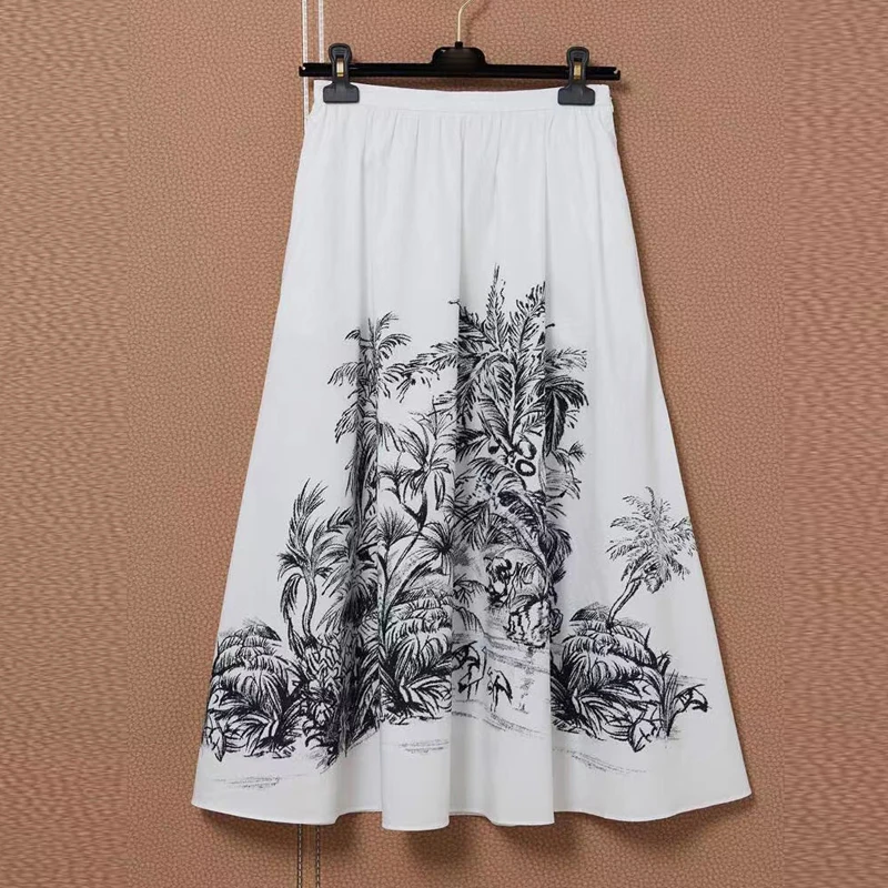 2021 Summer Designer Fashion 100% Cotton Skirt Women White Flower Printed Elegant Fashion Goes with Everything