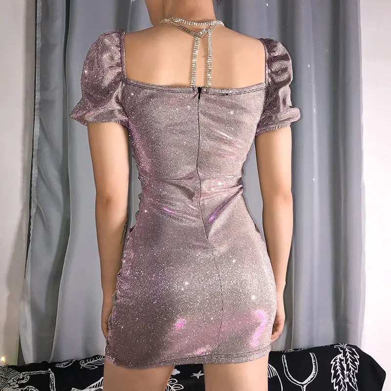 

Woman Dress 2021 Summer Bright Silk Club Sexy V-Neck Banquet Short Party Dress Casual Slim Designed Dresses Mini Dress