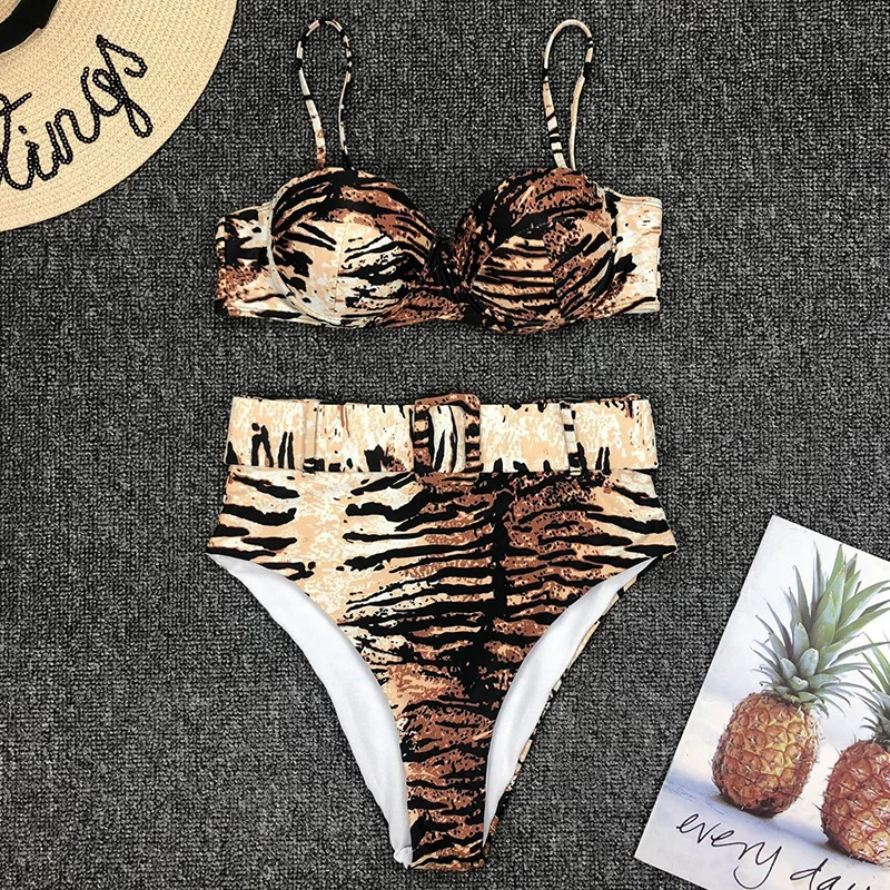 Новинка 2020 Леопардовый принт Бюстгальтер чашка пуш ап бикини высокая талия