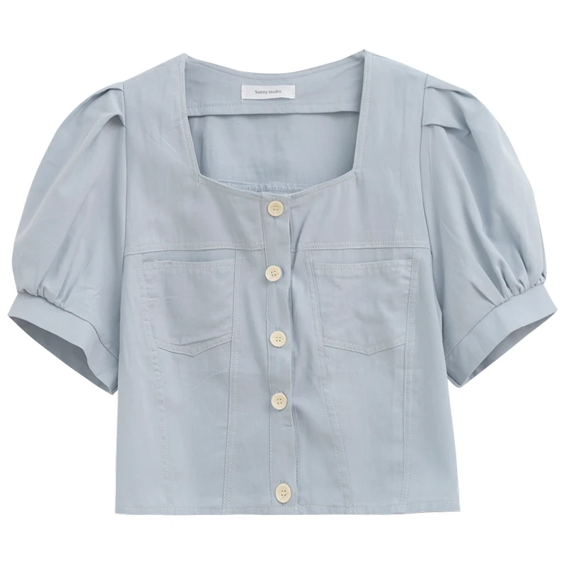 

2021 summer short square neck puff sleeve shirt trend fashion design sense niche short-sleeved top women