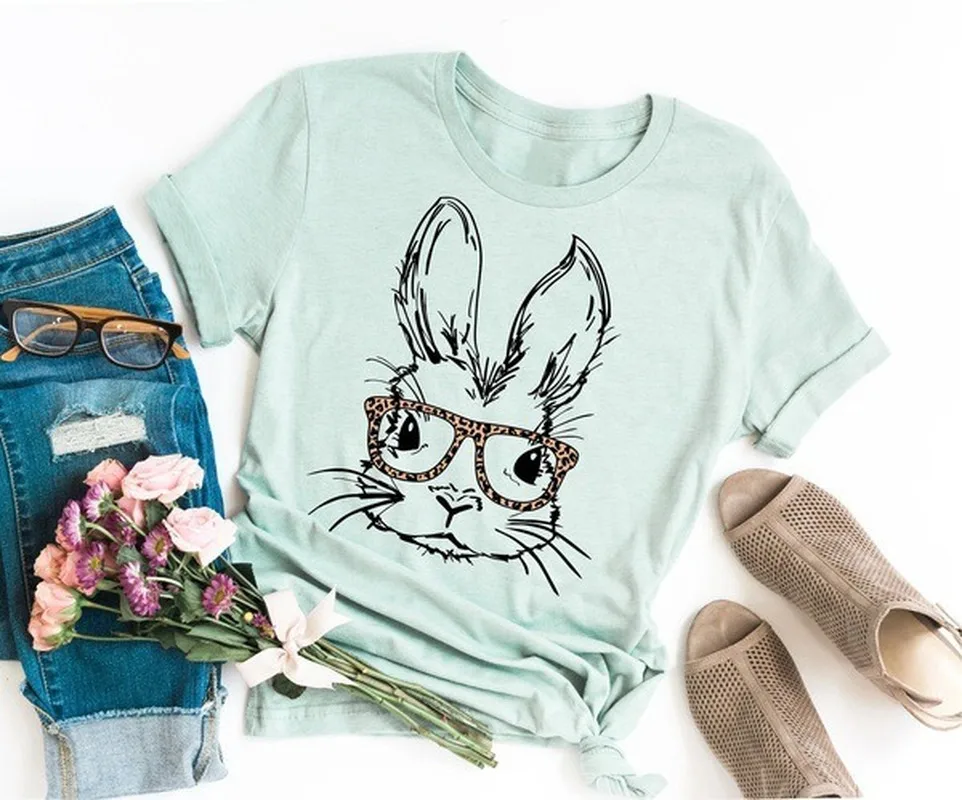 

Bunny with Glasses Print T Shirt Women Short Sleeve O Neck Loose Tshirt Summer Women Tee Shirt Tops Camisetas Mujer
