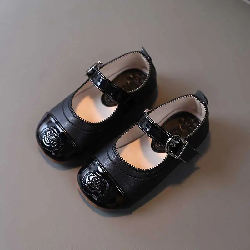 Kids Splicing Shoes Girl Buckle Flower Princess 2021 Baby Child Soft Sole Non-slip Mary Jane Shoe Size 21-30 Black White |