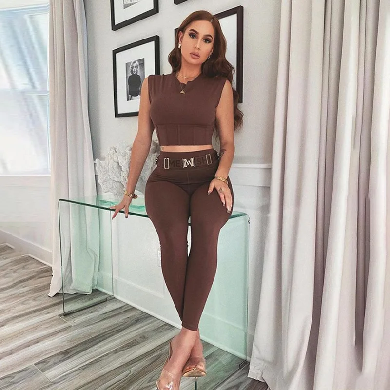 

Fashion Casual Sleeveless Skinny Tops Legging Two Piece Women Streetwear Slim Solid Stretch Activewear Female Fitness Outfit