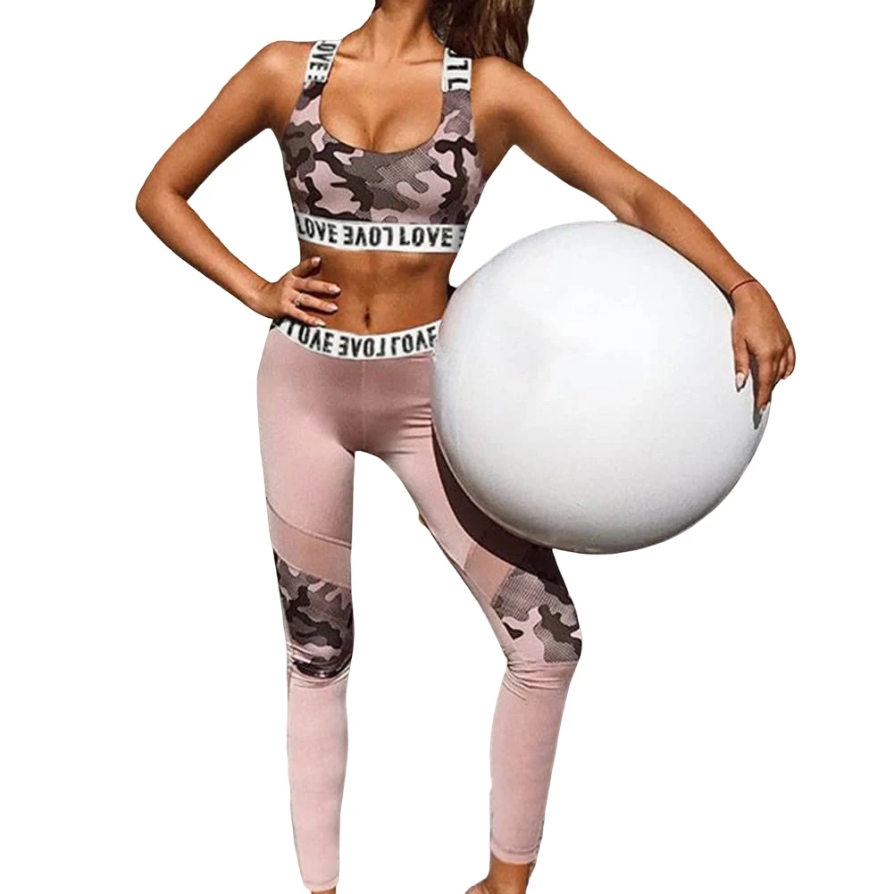 

2PCS Yoga Set Summer Women Soft Slim Printed Leopard Letter Sleeveless Vest Long High Waist Pants Breathable Sportwear Suits