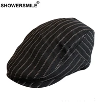 showersmile summer striped linen beret flat cap men black british style newsboy cap duckbill adjustable driving hats
