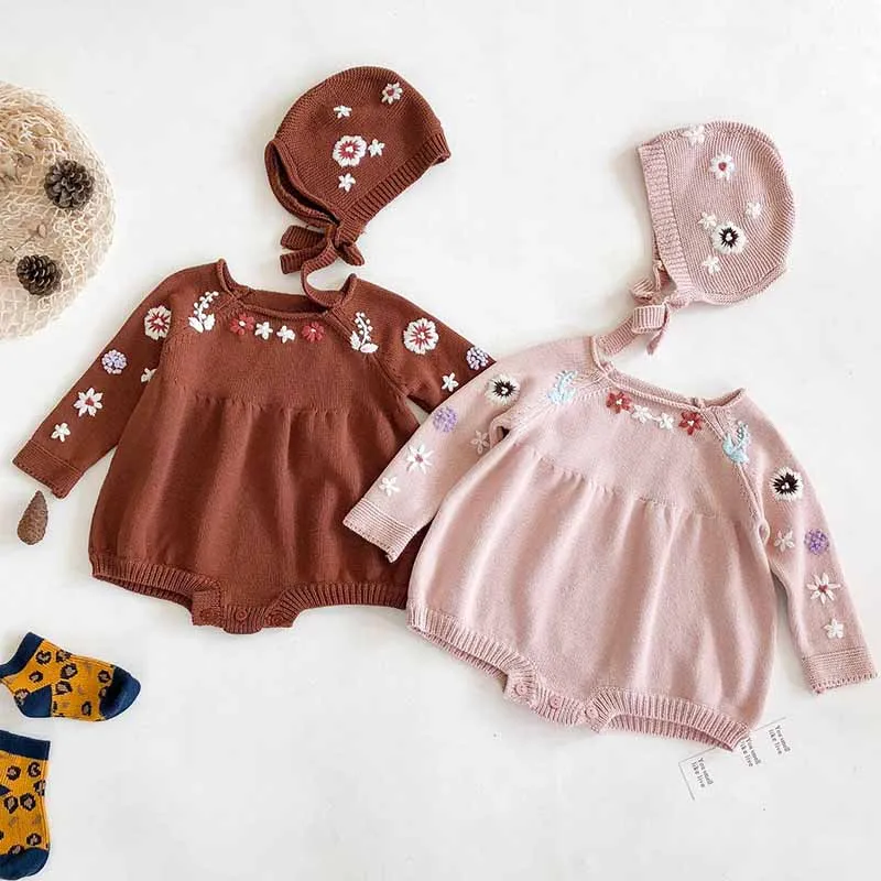 

Knitted Newborn Baby Girls Clothes Long Sleeve Floral Embroidery Cotton Woolen Baby Rompers Ruffle Infant Baby Boys Jumpsuit