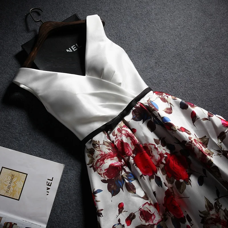 

Women's short formal prom evening dress Plus size V neck white floral print satin wedding party dress sexy cocktail party dress