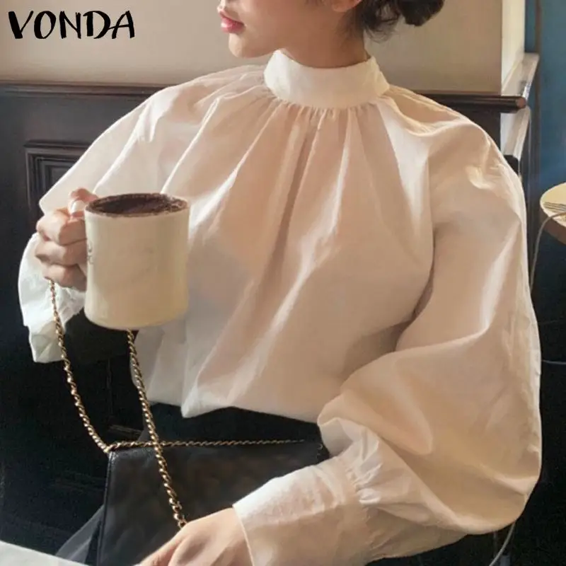 

VONDA Women Blouses 2022 Autumn Women Casual Mock Neck Pleated Tops Spring Blusas Femininas Long Sleeve Party Elegant Shirts