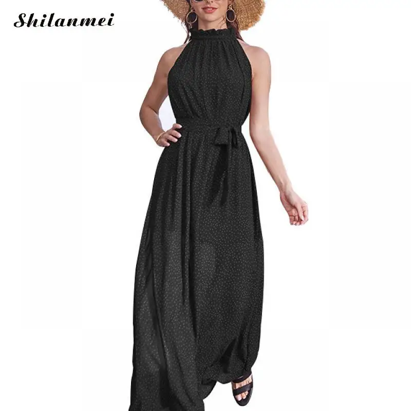 

Women's Chiffon Long Dress 2020 New Halter Dot Straight Dress Ladies Sleeveless Belted Beach Dress Sexy Casual Dot Robe Femme