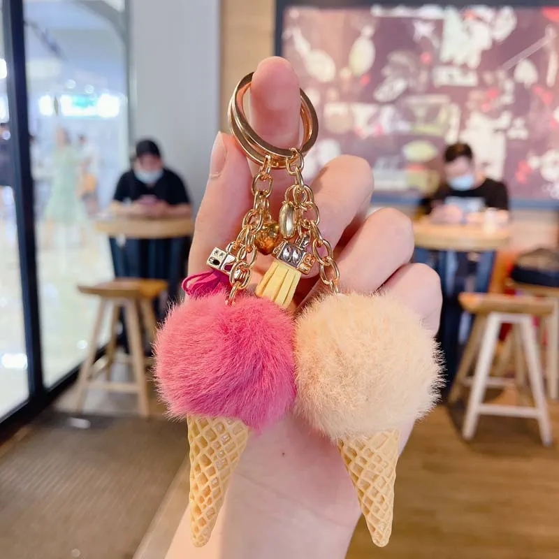 Creative plush ice cream key chain personalized tassel keychains cute pompom bag pendant car ring lovely girlfriends gift |