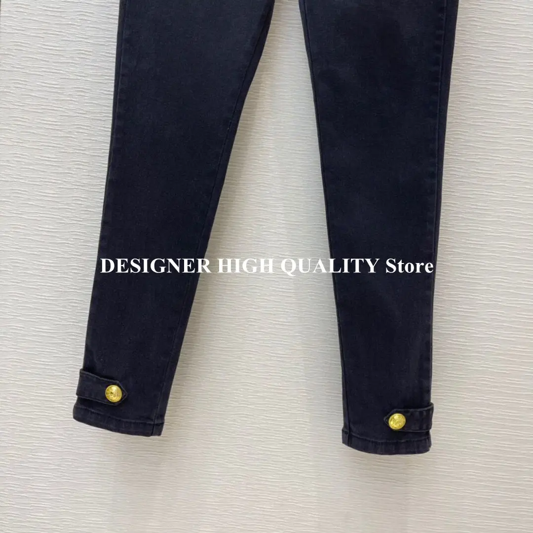Streetwear All-matched Skinny Pencil Jeans Women 2021 New Fashion Gold Buttons High Waist Fashion Ankle Length Black Denim Pants