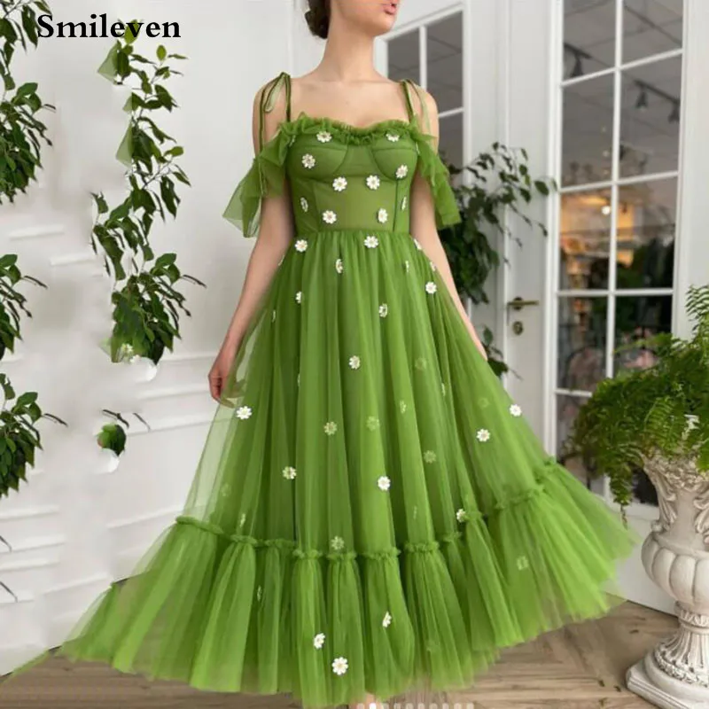 

Smileven Little daisy Puff A Line Prom Dresses Ankle Length Spaghetti Straps Prom Party Gowns With 3D Flowers Evening Gowns