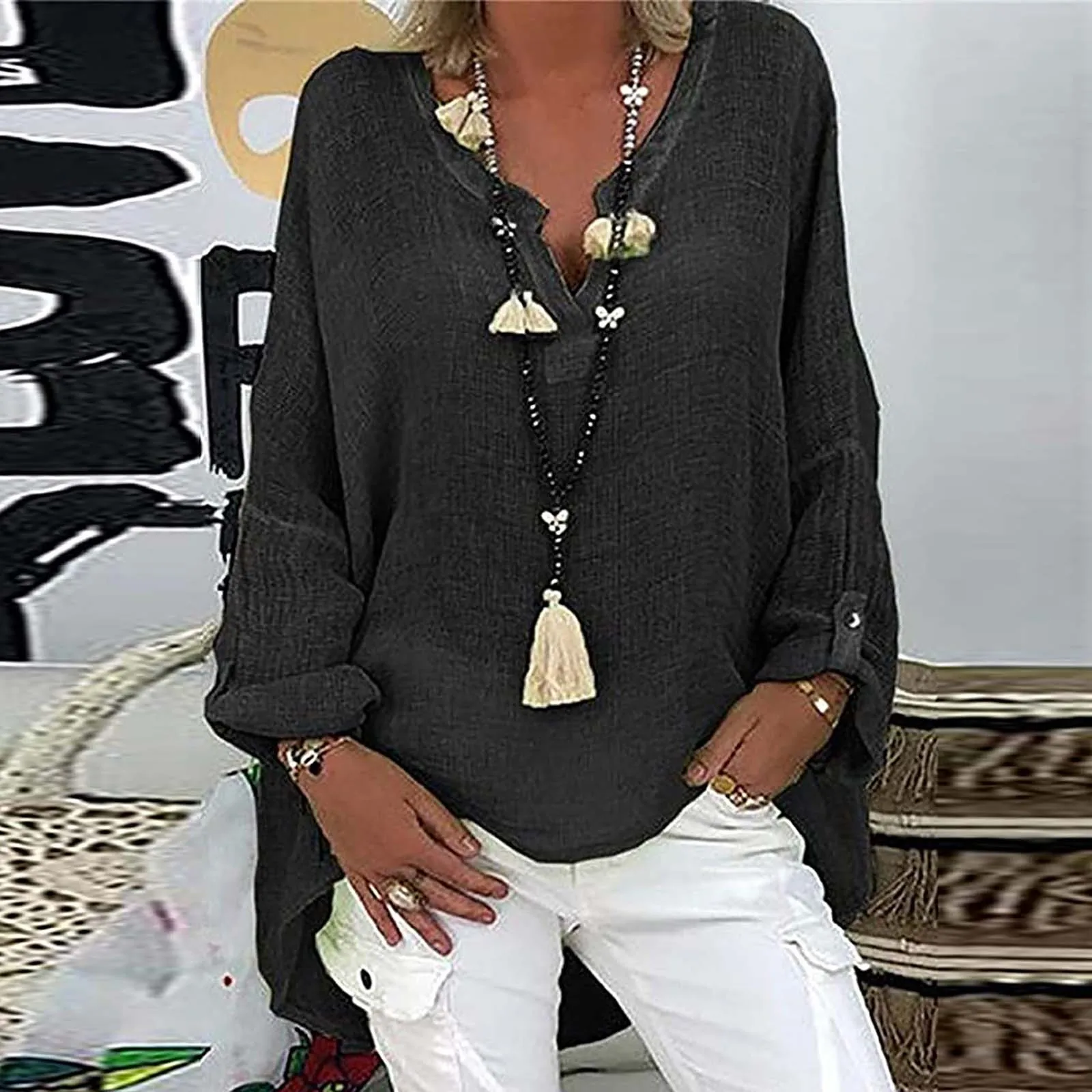 

Women Solid Color Blouse Spring Loose Vintage Irregular Long Sleeve Comfortable Elegant Breathable V-Neck Shirt Tops Blusa Mujer