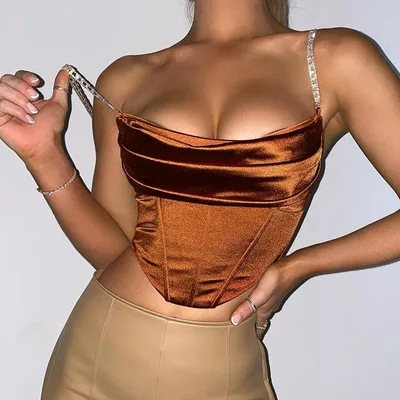 

Elegant Lady Chain Tank Tops Sexy Bustier Ruched Diamonds Strap Backless Satin Camis Top Tank Zipper Bodycon Slim Clubwear Party