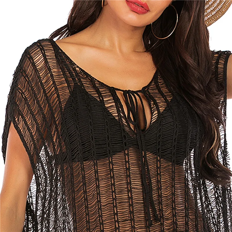 Женская пляжная одежда бикини в сеточку с длинными кисточками черный