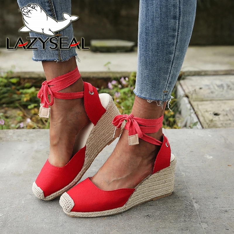 

LazySeal 2021 Gladiator Summer Shoes Woman Flax Platform Red Sandals Lace-up Round Toe Wedges Heels Shoes