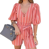 women set striped short puff sleeve v neck tops straight shorts bandage sashes two 2 piece sets fashion outfit summer