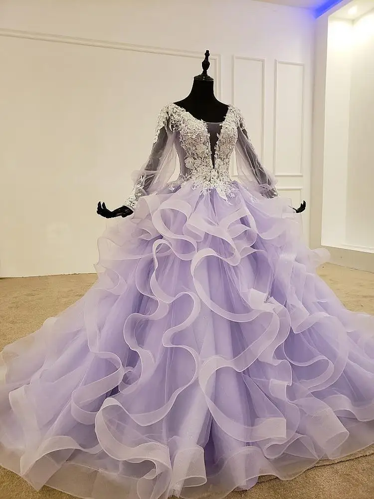 BGW 20218ht 2020 Sexy V Neck Organza Ruffles Ball Gown Purple Sequined Long Sleeves Women Evening Dress Vestido De Noite Curto