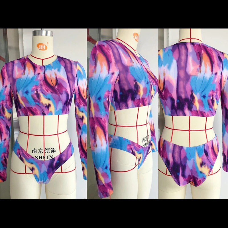 

Women Long Sleeve Sunscreen Beachwear Push Up Pad Bikini Set Leopard Bathing Swimming Suit Female Sling Swimwear Swimsuits