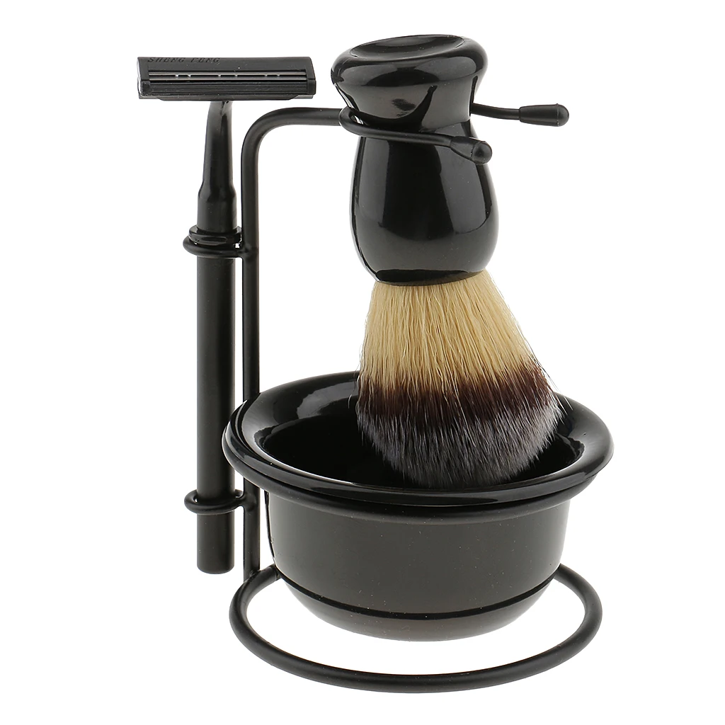 

Men 4 in 1 Black Shave Stand +Shaving Brush + Mug Bowl + Safety Razor, Durable Shaving Kit for Home, Travel, Professional Use