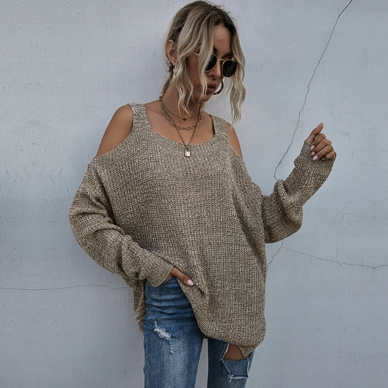 

Women Long Sleeve Knitted Sweater Casual Loose Pullover Solid Color off-the-Shoulder Tunic Tops Streetwear