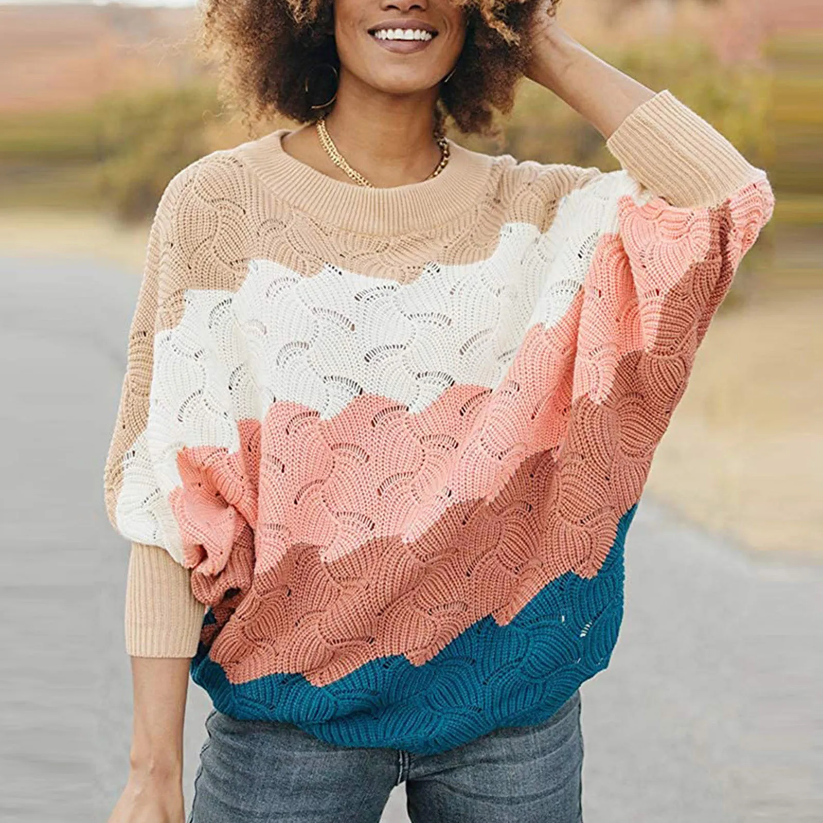 

Женский трикотажный пуловер в полоску, разноцветный Повседневный Свободный пуловер с круглым вырезом, пуловер, новинка 2021