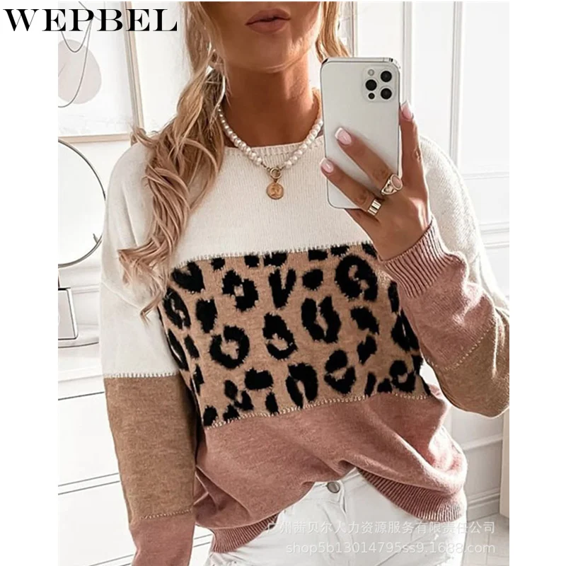 

WEPBEL женский осенне-зимний вязаный пуловер с леопардовым принтом в стиле пэчворк, свитер, топ, женская элегантная модная Свободная трикотажн...
