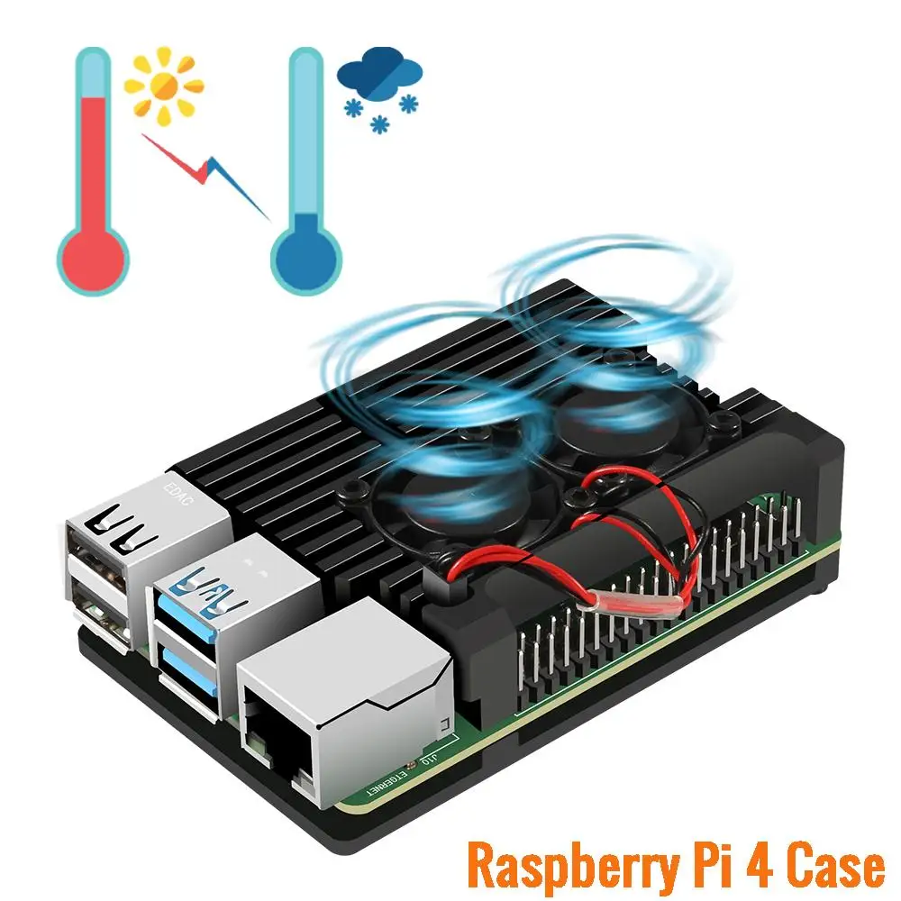 

Алюминий чехол для Raspberry Pi 4 Модель B, Raspberry Pi 4 чехол с двойной вентилятор охлаждения металлический корпус черный корпус чехол s