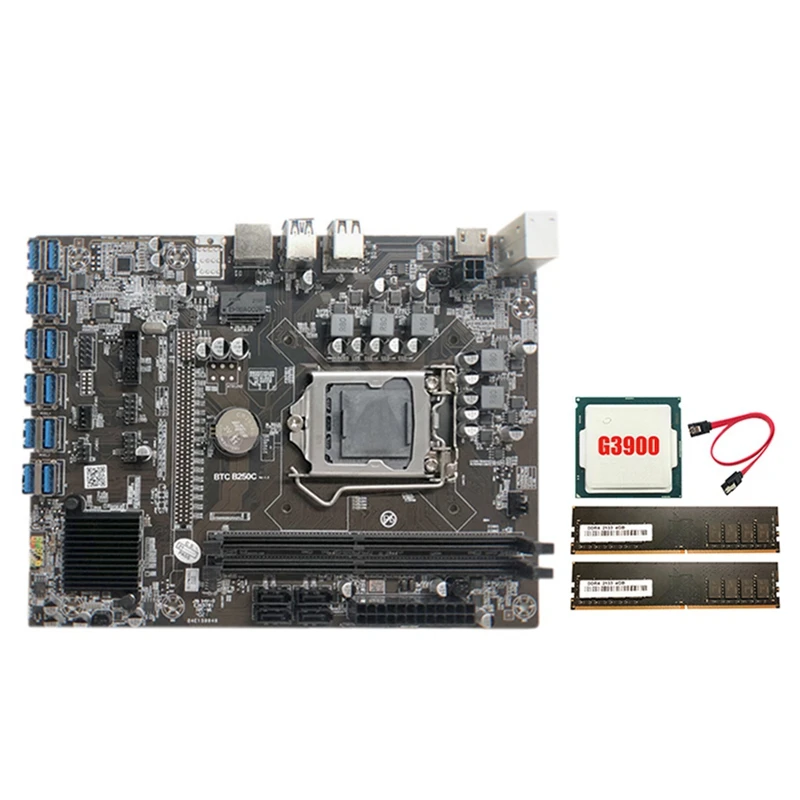 

B250C Mining Motherboard with G3900 CPU+2XDDR4 4G 2133Mhz RAM+SATA Cable 12XPCIE to USB3.0 Card Slot Board for BTC